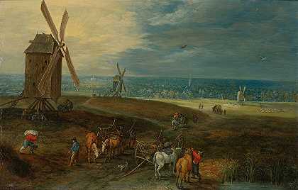 年轻人Jan Brueghel的《风车前旅行者的广阔风景》