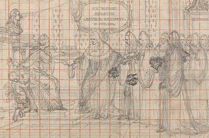 Hubert François Gravelot的“雕刻设计Parlement de Paris Reassembling with Figure of Justice”
