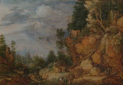 吉莉斯·克莱斯·德·洪德科特的《鹿和山羊的岩石风景》