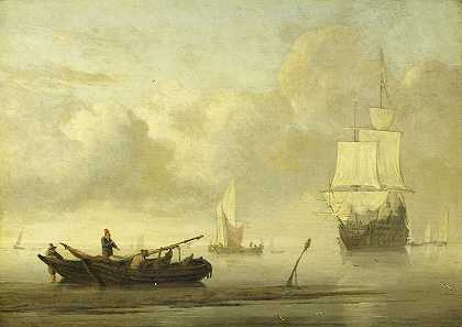 年轻的威廉·范·德·维尔德的《平静中海岸附近的船只》