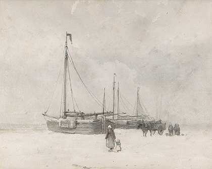 安东·莫夫的《冬天海滩上的渔船》