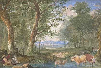 Felix Meyer的《小溪中的奶牛风景》