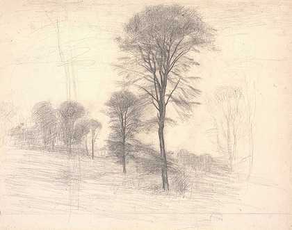 “树木错落的风景。”维勒姆·哈默什（Vilhelm Hammershøi）的《法鲁姆湖的Ryet》