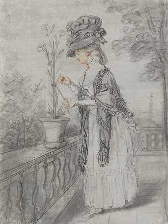 约翰·拉斐尔·史密斯（John Raphael Smith）的《阳台上的女士照料康乃馨植物》