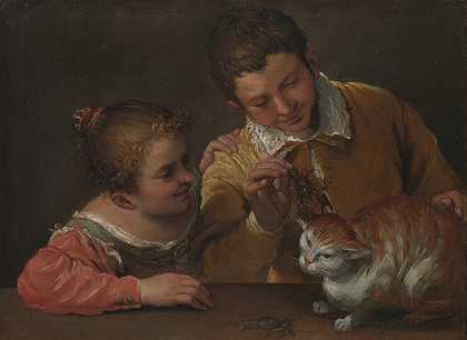 安妮巴·卡拉奇的《两个孩子逗猫》