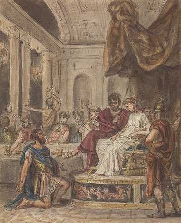 “宴会场景，一名罗马士兵跪在坐在王座上的名人面前