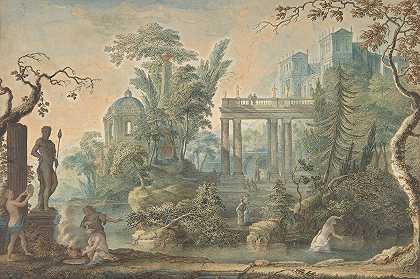 杰拉德·梅尔德（Gerard Melder）的《阿卡迪亚风景与几个人物和阿波罗雕像》
