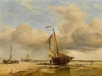 爱德华·威廉·库克（Edward William Cooke）《在荷兰舍弗宁根的海滩上》