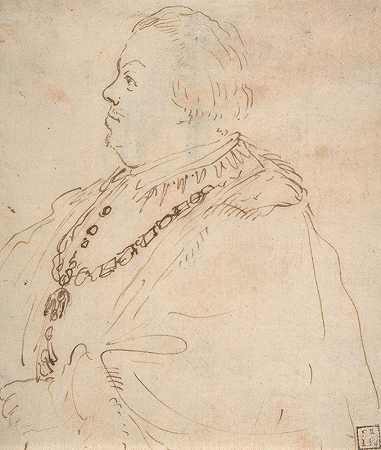 “一名身穿金羊毛勋章的男子的腰围肖像，侧面朝向Guercino左侧
