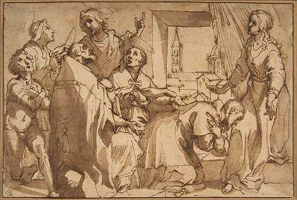 “红衣主教保罗·斯方德拉托跪在圣塞西莉亚面前，由其他圣徒陪同，弗朗西斯科·瓦尼