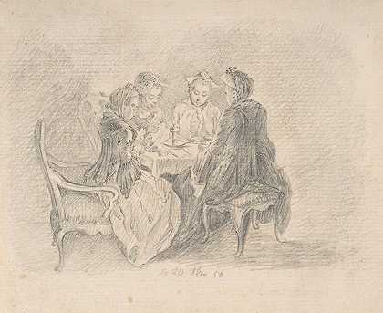 Daniel Nikolaus Chodowiecki的《四位女士围坐在一张桌子上，桌上摆满了针线活、阅读和写作》