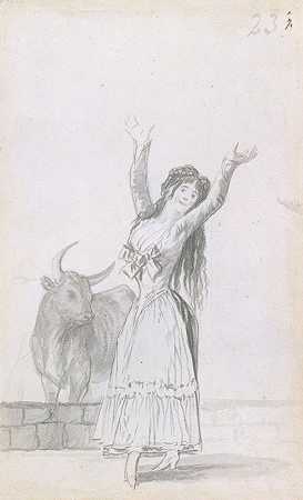 弗朗西斯科·德·戈亚（Francisco de Goya）的《一位年轻女子跳舞，双臂高举，背景是一头公牛》