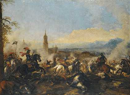 雅克·考图瓦的《骑兵交战，远处的大教堂》