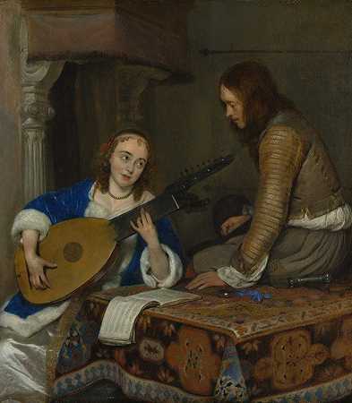 杰拉德·特·博奇的《一个女人弹奏西奥波琵琶和一个骑士》