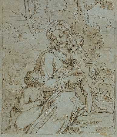 小米歇尔·科内尔的《圣母与圣约翰坐在风景中的孩子》