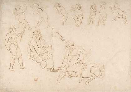 “站着的裸体运动员坐着的拿着七弦琴的男人半人马七个putti（三个带翅膀）