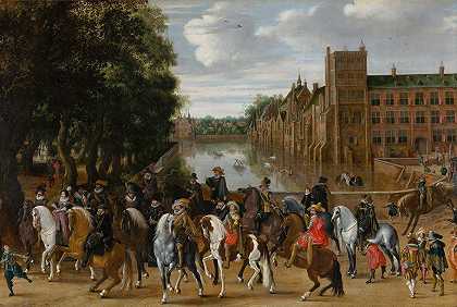 Pauwels van Hillegaert的《骑在马背上的奥兰治王子和他们的家人从海牙的Buitenhof出发》