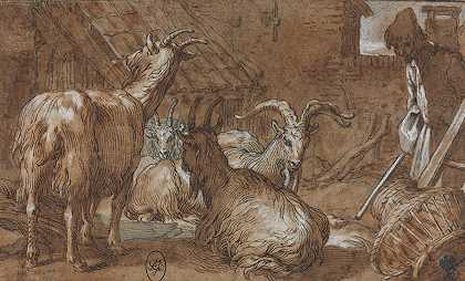 亚伯拉罕·布鲁梅特的《一个有山羊和牧羊人的谷仓》