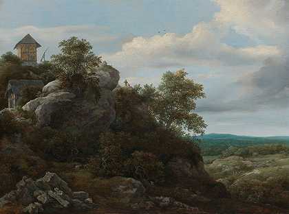 雅各布·范·鲁伊斯代尔的《岩石山上的房屋风景》