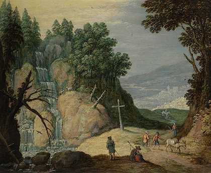 Marten Ryckaert的《瀑布和游人在路上的岩石风景》