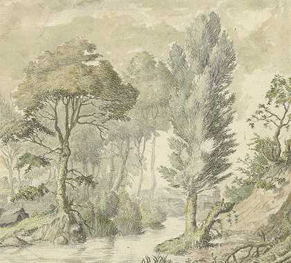 Elias van Nijmegen的《右侧有山、中间有水的森林风景》