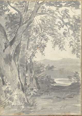 德比的约瑟夫·赖特的《树木与远山的风景》