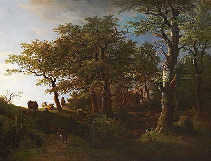 马克斯·约瑟夫·瓦根鲍尔（Max Joseph Wagenbauer）的《带牛和牧羊人的浅色森林风景》