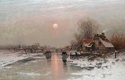 “日落时分，荷兰农民在结冰的水道上”
