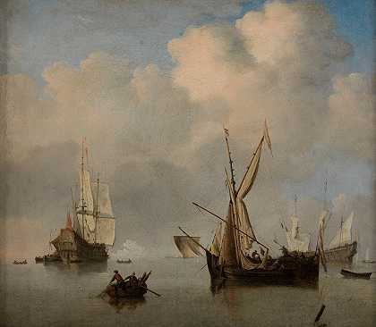 “平静的大海两个荷兰小混混在船上停泊。年轻人威廉·范德维尔德的海军陆战队