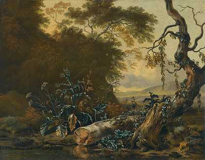 Jan Wijnants的《池塘边有树木和树叶的风景》