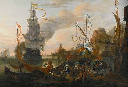 亨德里克·范·明德霍特（Hendrik van Minderhout）的《一个莱万特港，一艘战船和一名士兵即将起锚，以及岸上的许多人物》