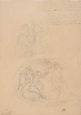 Józef Simmler的《芭芭拉·拉齐维之死》（裸体）画中的国王人物素描