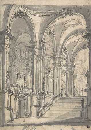 乔瓦尼·巴蒂斯塔·纳塔利三世的《舞台设计：通向画廊的腹股沟拱形楼梯，另一个楼梯通向左边的第二层》