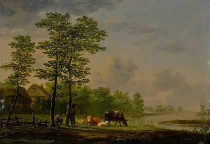 Andries Vermeulen的《河流前的农民、牛羊风景》