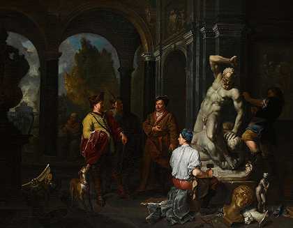 巴尔塔萨尔·范·登·博舍的《在宫殿庭院中雕刻赫拉克勒斯和阿纳特乌斯雕像的雕塑家的优雅身影》