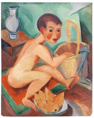裸体配篮子和梨，1918年。-多萝西娅·梅泽尔·约翰森