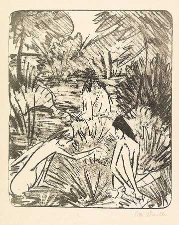 森林湖，有三个洗澡和一个坐着的女孩1918年2月。-奥托·缪勒