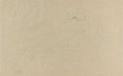 赤身裸体的孕妇坐着，双腿伸向左侧，研究“希望II”，1904/05。-古斯塔夫·克里姆特
