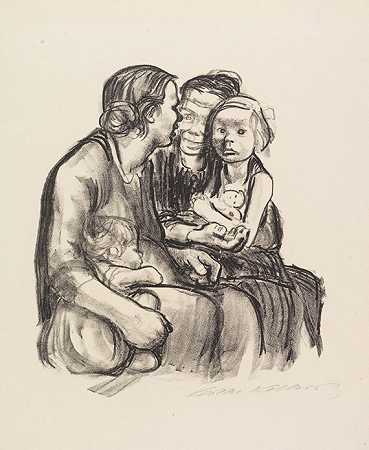 1930年，两个喋喋不休的女人带着两个孩子。-Käthe Kollwitz