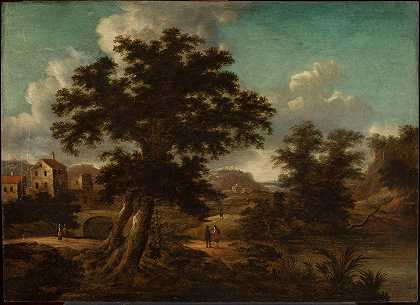 Georg Heinrich Hergenröder的《桥、大树和旅行者的风景》
