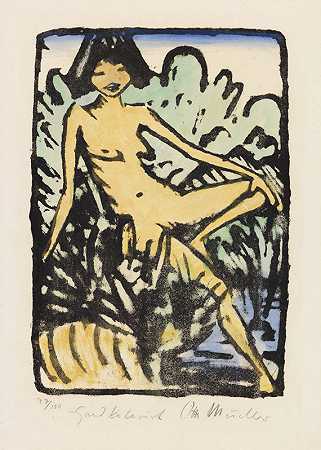 坐在岸边的女孩（坐在风景中的女孩），1922-1926年。-奥托·缪勒