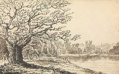 托马斯·布拉德肖的《河边的树木与远处的建筑物》