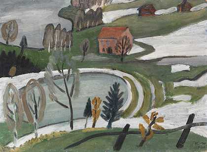 1934年，解冻天气下的湖泊和池塘（带粉红色房子）。-加布里埃尔·明特