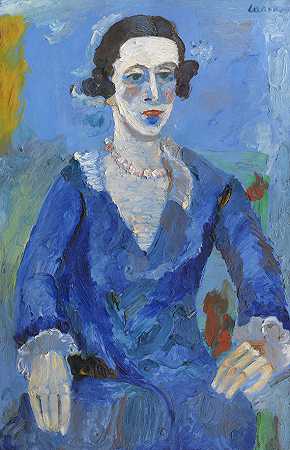 一位身穿蓝色连衣裙的女士的肖像，Wohl um 1929。-安德烈·兰斯科伊
