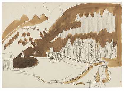 达沃斯附近的风景（冬季的山地风景，树木繁茂的山地风景），约1937年。-凯尔希纳