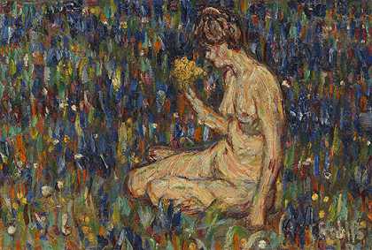 1905年左右，戴着黄色花束的裸体女子（草地上的女孩）。-克里斯蒂安·罗尔夫斯
