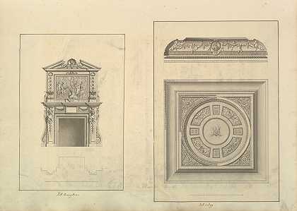 “伊德斯·瓦尔波利亚纳的叶子，上面有两张图纸（a）诺福克霍顿大厅的大厅烟囱（b）艾萨克·威尔（Isaac Ware）的诺福克霍顿大厅大厅天花板