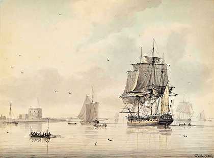 多米尼克·塞雷斯（Dominic Serres）的《南安普敦卡尔肖特城堡外一艘皇家海军护卫舰在晾晒帆》