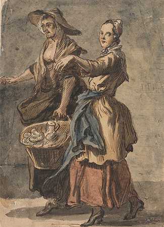 保罗·桑德比的《两个女人拿着篮子》