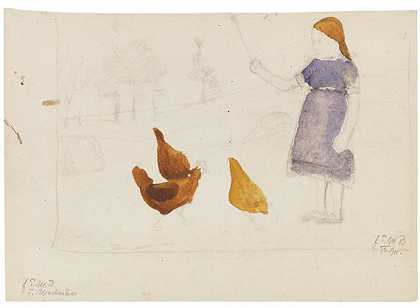1902/03年，Elsbeth和鸡。-保拉·莫德索恩·贝克尔